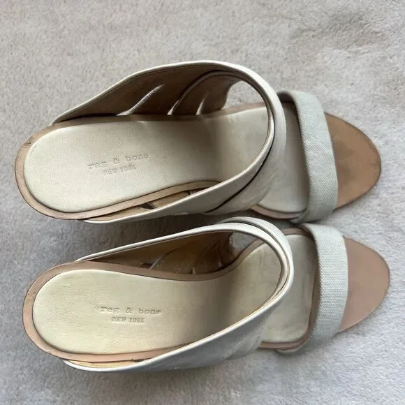 Rag & Bone Bone Leather & Canvas Wedge Wood Heel Sandals Women EU 36 US 5.5 - 6
